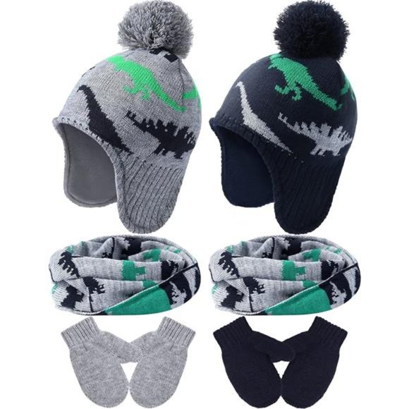6 Pieces Winter Toddler Boys Hat Dinosaur Warm Mittens Scarf Set